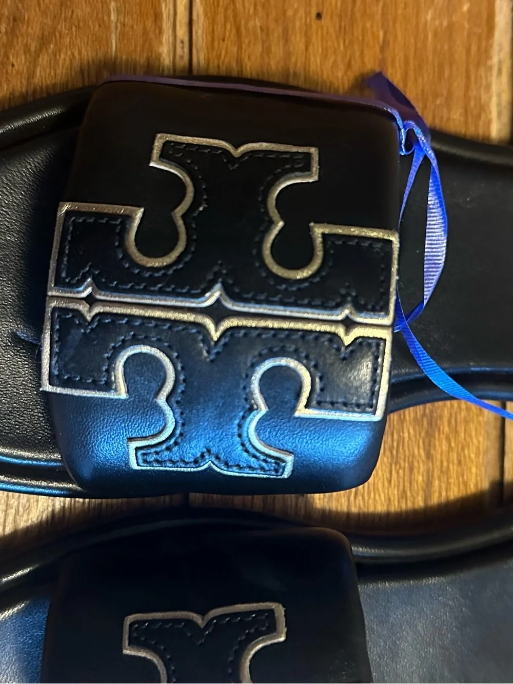 Tory Burch Black Logo Slide Sandals with Contrasting Stitching
